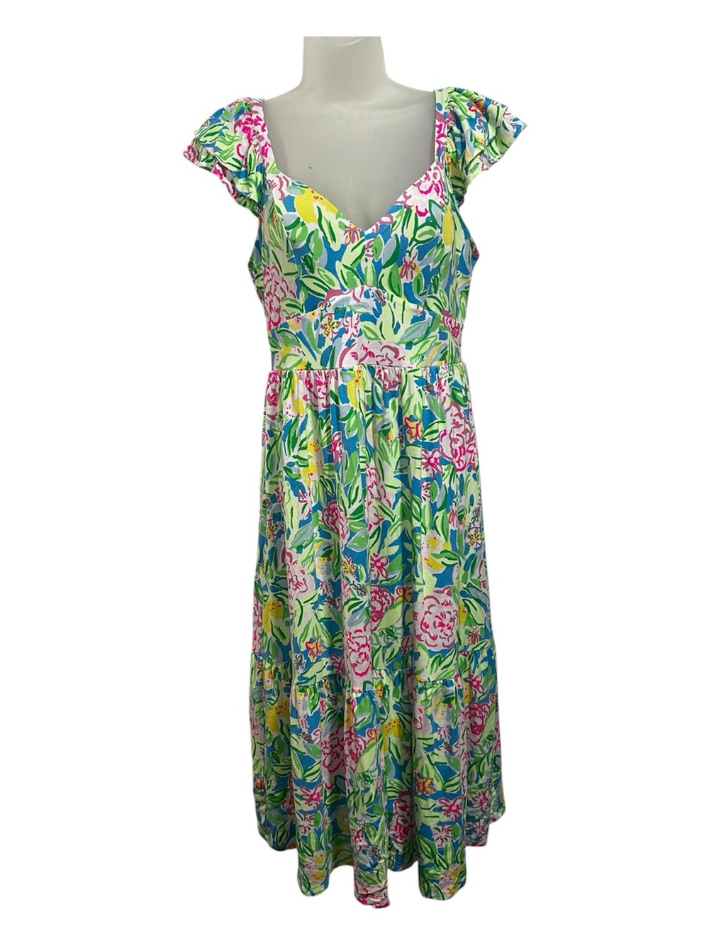 Lilly Pulitzer Bayleigh Flutter Sleeve MIDI Dress Green pink Floral  8